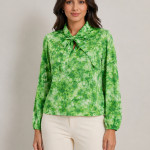 Tie and Dye Print Tie-Up Neck Puff Sleeve Satin Blend Top