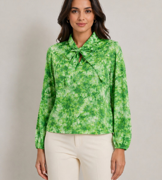 Tie and Dye Print Tie-Up Neck Puff Sleeve Satin Blend Top