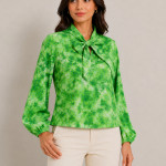 Tie and Dye Print Tie-Up Neck Puff Sleeve Satin Blend Top