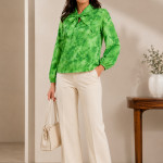 Tie and Dye Print Tie-Up Neck Puff Sleeve Satin Blend Top