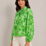 Tie and Dye Print Tie-Up Neck Puff Sleeve Satin Blend Top