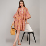 Women Floral Printed Mandarin Collar Flared Sleeve A-Line Dress
