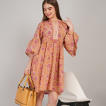 Women Floral Printed Mandarin Collar Flared Sleeve A-Line Dress