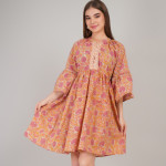 Women Floral Printed Mandarin Collar Flared Sleeve A-Line Dress