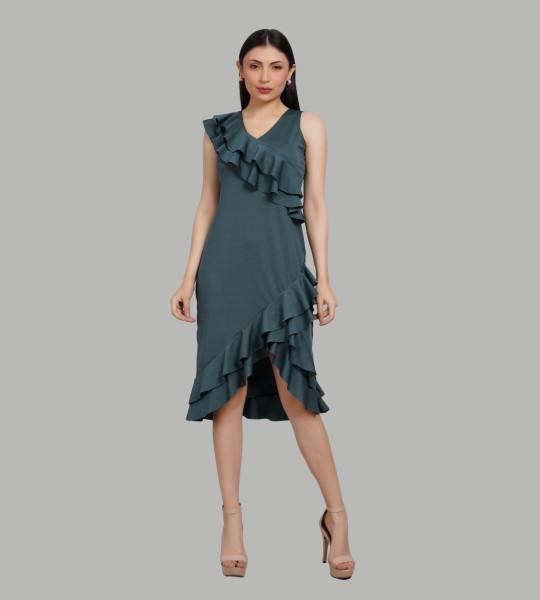 Women Solid Ruffles Sheath Midi Dress