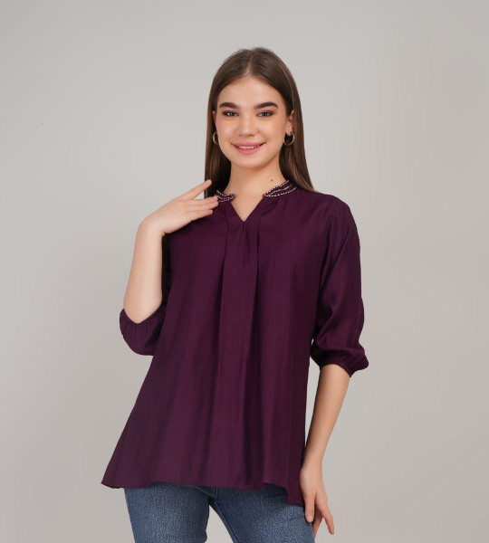Women Embellished Mandarin Collar Cotton Top