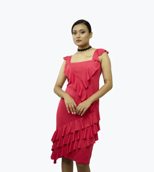 Glossy Ruby Swan Ruffle Bodycon Midi Dress