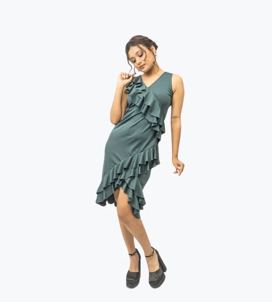 Pine Lush  V-Neck Romantic Ruffle Cocktail Dress