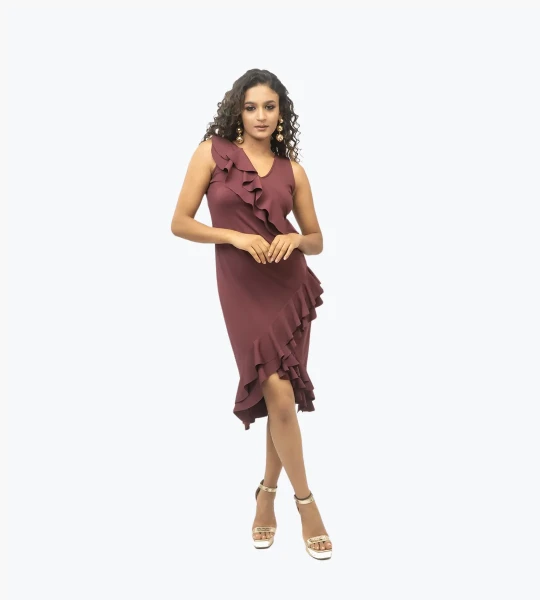 Burgundy V- Neck Romantic Ruffle Cocktail Dress