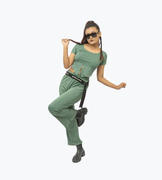 Solid Sea Green Short Sleeve Split Hem Tee & Flare Leg Pant