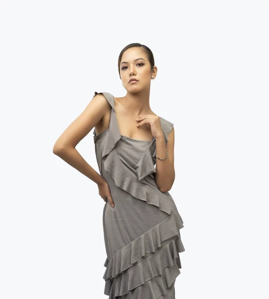 Glossy Mink Grey Swan Ruffle Bodycon Midi Dress