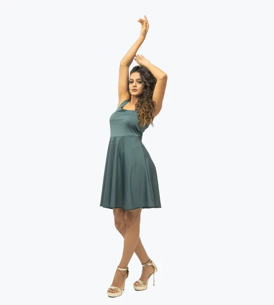 Senorita Halter Neck Wide Flare Pine Lush Dress