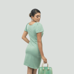 Shiny Aqua Marine V-Neck Bust Pleated Short Sleeve Side Slit Midi Dress