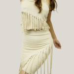 Glossy Cream Beige  Suede Fringe Top & Mini Skirt