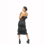 Shiny Black Off shoulder Ruffle Tunic & Tiered Ruffle Slim-fit Skirt