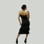 Shiny Black Off shoulder Ruffle Tunic & Tiered Ruffle Slim-fit Skirt