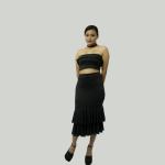 Shiny Black Off shoulder Ruffle Tunic & Tiered Ruffle Slim-fit Skirt