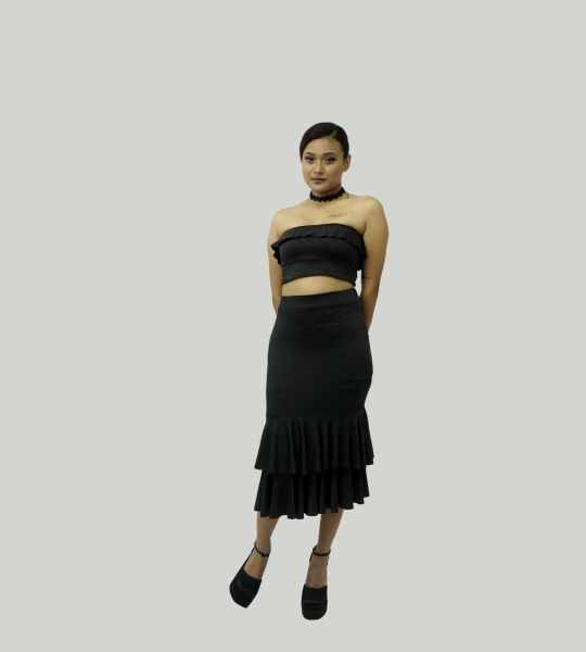 Shiny Black Off shoulder Ruffle Tunic & Tiered Ruffle Slim-fit Skirt