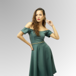 Pine Fresh Off Shoulder Elegant Vintage Slim Fit And Flare Midi Swing Dress