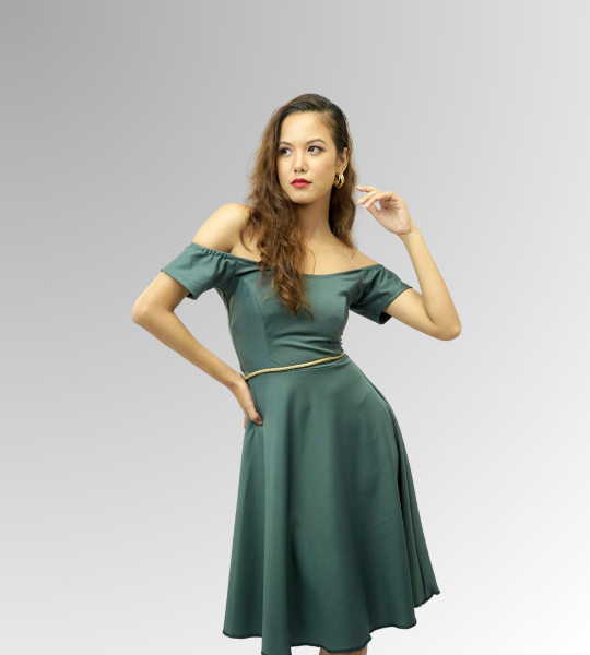 Pine Fresh Off Shoulder Elegant Vintage Slim Fit And Flare Midi Swing Dress