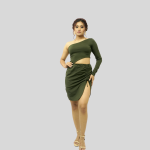 Olive Asymmetric One Shoulder Full Sleeve Crop Top & Gathered Ruched Mini Skirt