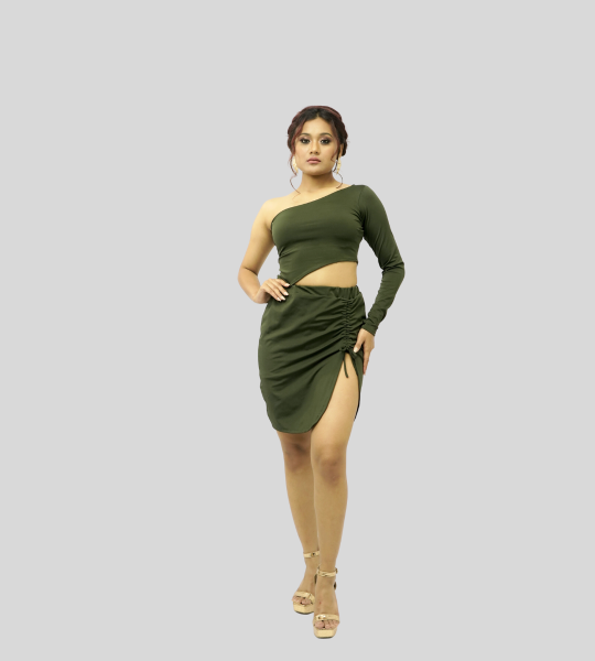 Olive Asymmetric One Shoulder Full Sleeve Crop Top & Gathered Ruched Mini Skirt