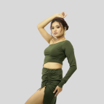 Olive Asymmetric One Shoulder Full Sleeve Crop Top & Gathered Ruched Mini Skirt