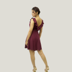 Burgundy V-Neck Ruffle Design Wide Flare Midi Bridesmaid Dress