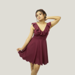 Burgundy V-Neck Ruffle Design Wide Flare Midi Bridesmaid Dress