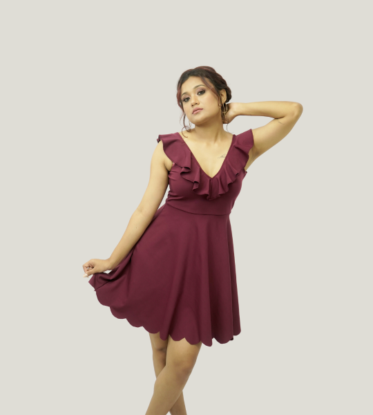 Burgundy V-Neck Ruffle Design Wide Flare Midi Bridesmaid Dress